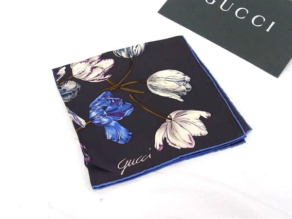 ■新品同様■ GUCCI グッチ シルク100% 花 フラワー ハンカチーフ ポケットチーフ ダークパープル系×マルチカラー FR5560 13,092円