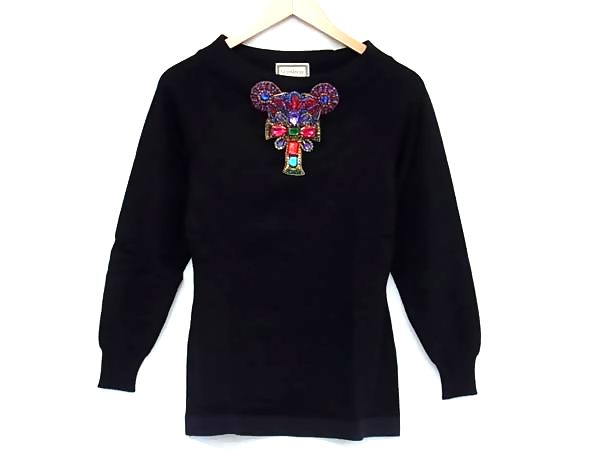 ■美品■ GIANNI VERSACE ジャンニ ヴェルサーチ ビジュー ビーズ 長袖 ニット トップス サイズ38 洋服 レディース ブラック系 FR6467