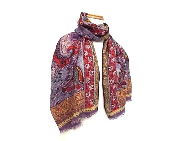 ■新品同様■ ETRO エトロ ウール×シルク ペイズリー柄 ストール スカーフ ショール メンズ レディース パープル系 FR7399