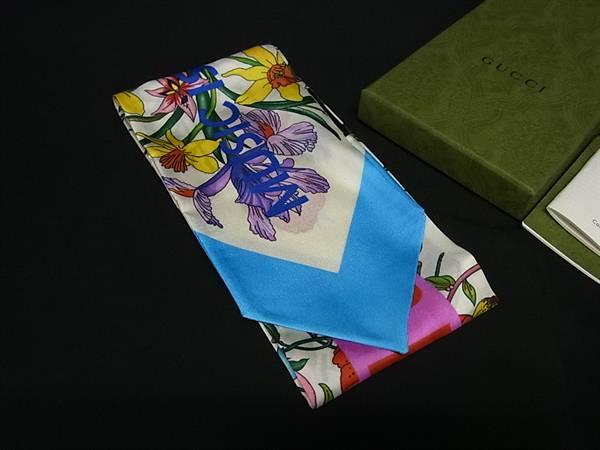 ■新品■未使用■ GUCCI グッチ 678992 フローラ ネックボウ 100周年記念 シルク リボンスカーフ ライトブルー系 FR7692 11,794円
