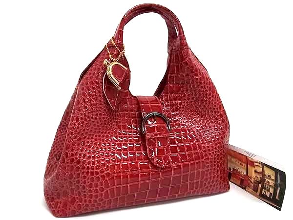 ■新品同様■ 鎌倉高野 クロコダイル型押しレザー ハンドバッグ トートバッグ レッド系 FS0852