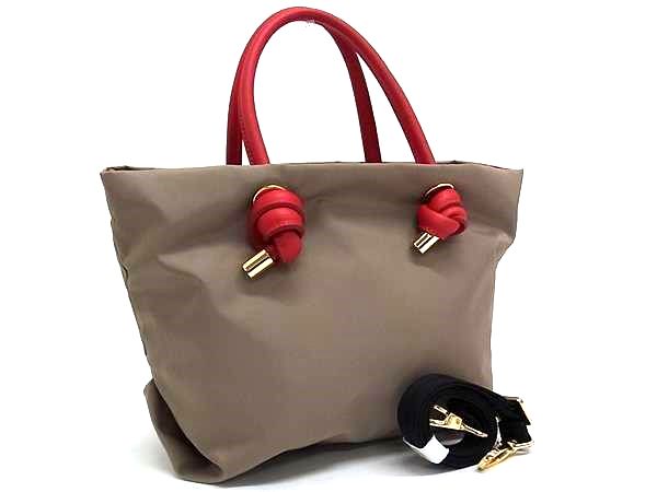 ■新品同様■ VIOLAd’ORO ヴィオラドーロ ナイロン×レザー 2WAY クロスボディ ハンドバッグ ショルダー ベージュ系×レッド系 FS0951