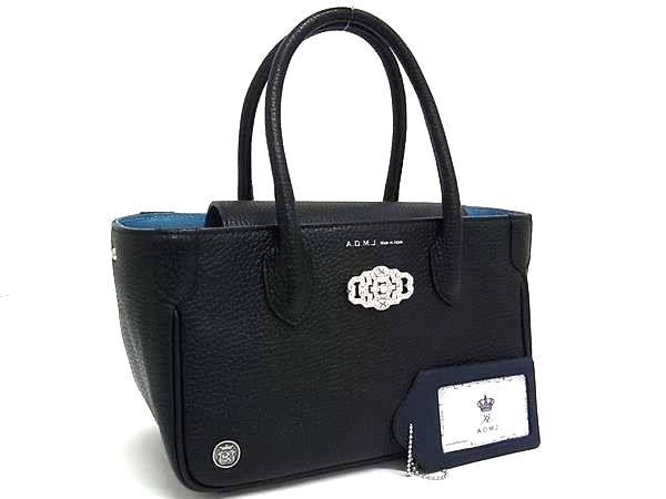 ■新品同様■ ADMJ エーディーエムジェイ レザー アールデコモチーフ ハンドバッグ トートバッグ レディース ブラック系 FS1579