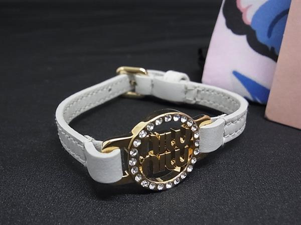 ■極美品■ miumiu ミュウミュウ レザー ラインストーン ブレスレット アクセサリー レディース ゴールド系×ライトグレー系 FS2206