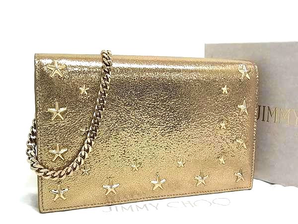 ■新品同様■ JIMMY CHOO ジミーチュウ スタースタッズ グリッター チェーン ショルダーバッグ 斜め掛け ゴールド系 FS2876