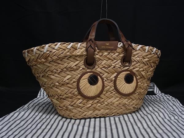 ■新品同様■ ANYA HINDMARCH アニヤハインドマーチ ストロー×レザー ハンドバッグ ミニバッグ レディース ライトブラウン系 FS2904
