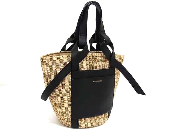 ■新品同様■ VIOLAd’ORO ヴィオラドーロ MIRO アバカ×レザー ハンドバッグ トート レディース ライトブラウン系×ブラック系 FT0363