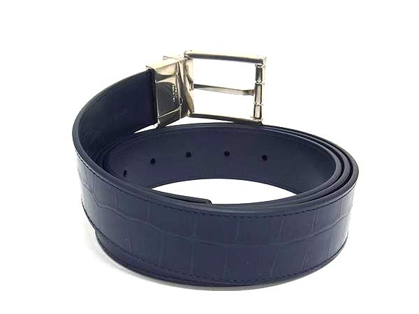 ■新品同様■ BALLY バリー クロコダイル型押しレザー リバーシブル ベルト 表記サイズ 120/48 メンズ ネイビー系 FU2527 □新品同様□ BALLY バリー クロコダイル型押しレザー リバーシブル