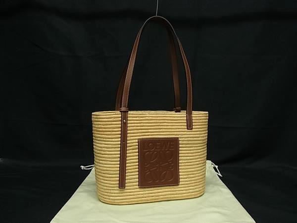 ■美品■ LOEWE ロエベ アナグラム スクエアバスケット ラフィア×レザー トートバッグ ショルダー 肩掛け ベージュ系 FU2597