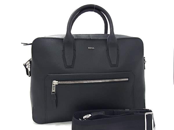 ■新品同様■ HUGO BOSS ヒューゴボス レザー 2WAY ビジネスバッグ ブリーフケース ショルダー 肩掛け メンズ ブラック系 FU3211