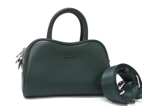 ■新品同様■ LACOSTE ラコステ レザー 2WAY ハンドバッグ ショルダー 斜め掛け メンズ レディース ダークグリーン系 FV4817