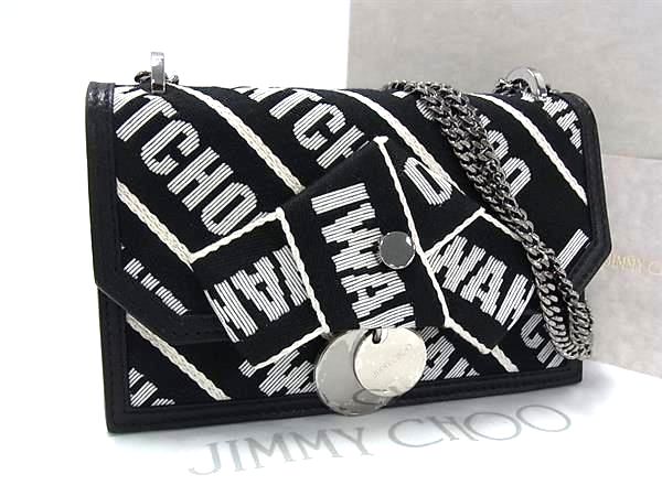 ■美品■ JIMMY CHOO ジミーチュウ フィンリー キャンバス×レザー チェーン ショルダーバッグ 肩掛け レディース ブラック系 FV7037