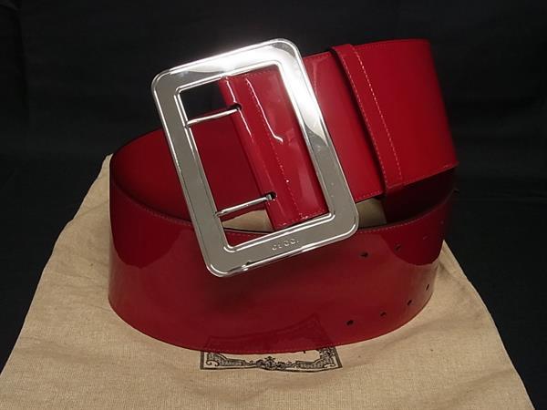 ■極美品■ GUCCI グッチ パテントレザー シルバー金具 ベルト レディース レッド系 FV7923