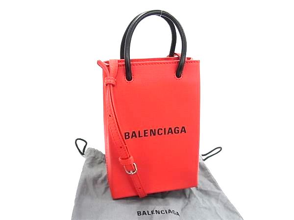 ■新品同様■ BALENCIAGA バレンシアガ ショッピング フォンホルダー レザー 2WAY ミニバッグ ショルダー オレンジ系 FV8800