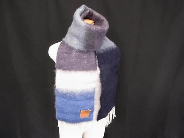 ■美品■ LOEWE ロエベ アナグラム モヘヤ×ウール×ナイロン フリンジ  マフラー ストール グレー系×ブルー系 FV8841