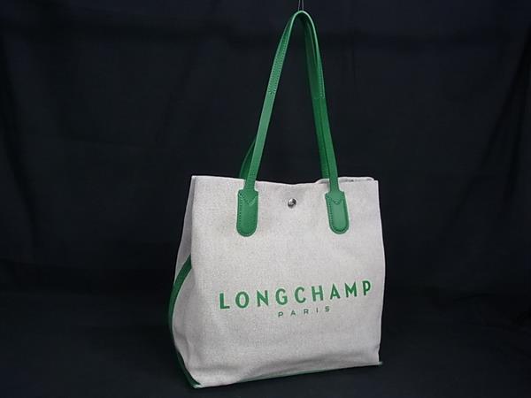 ■美品■ LONGCHAMP ロンシャン エッセンシャルトワル キャンバス×レザー ショルダーバッグ トート グレー系×グリーン系 FX0621