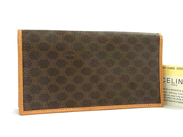 ■新品同様■ CELINE セリーヌ マカダム柄 PVC×レザー 二つ折り 長財布 ウォレット 札入れ 小銭入れ カード入れ ブラウン系 FX5868
