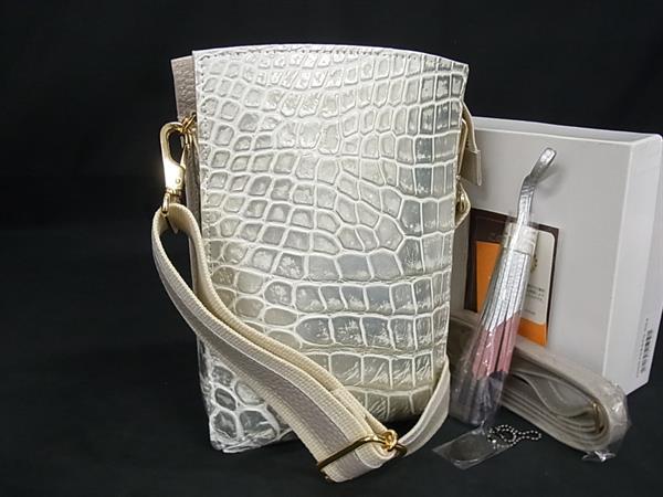 ■極上■本物■JRA公認 ■新品■未使用■ クロコダイル 目地染め バニラ染め 2WAY ショルダーバッグ レディース シルバー系 GA0479