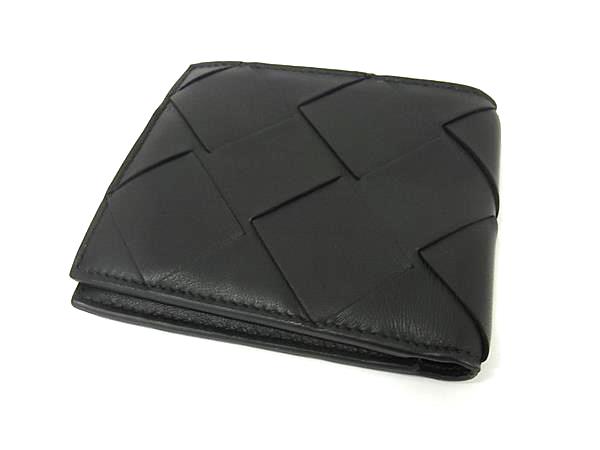 ■新品同様■ BOTTEGA VENETA ボッテガヴェネタ マキシイントレチャート レザー 二つ折り 財布 ウォレット 札入れ ブラック系 HA0972_1
