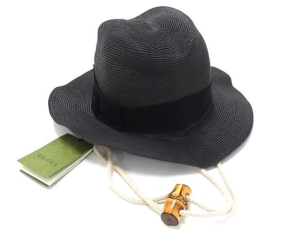 ■新品同様■GUCCI グッチ 747994 ポリプロピレン×ポリエステル ストロー 麦わら帽子 ハット 帽子 サイズ M 57cm ブラック系 HA6826 27,716円