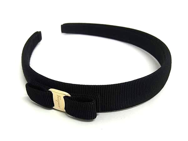 ■新品同様■ Salvatore Ferragamo フェラガモ ヴァラリボン キャンバス カチューシャ ヘアアクセサリー ブラック系 HA9033 10,233円