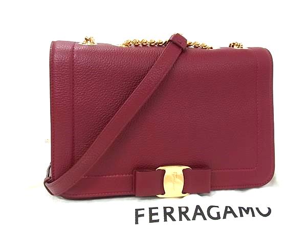 ■極美品■ Salvatore Ferragamo フェラガモ ヴァラリボン レザー 2WAY ハンドバッグ ショルダーバッグ 斜め掛け ボルドー系 HB4646
