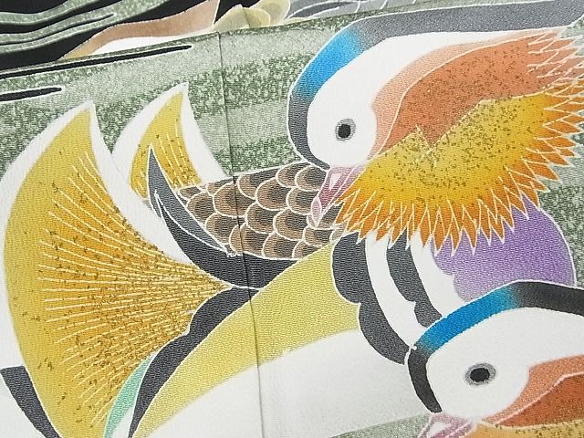 平和屋本店●極上　人間国宝・羽田登喜男　黒留袖　鴛鴦　九羽　金彩　着丈165.5cm　裄丈66cm　正絹　逸品　3kk3945_6
