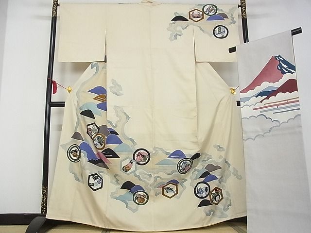 平和屋本店■極上 希少柄 訪問着・袋帯セット 紬地 型絵染 日本地図特産品 富士山 金彩 着丈165cm 裄丈65.5cm 正絹 逸品 3kk3900