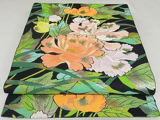 平和屋本店■極上　龍村美術織物　たつむら　六通柄　本袋帯　等伯秀花錦　黒地　金銀糸　正絹　逸品　3kk4703