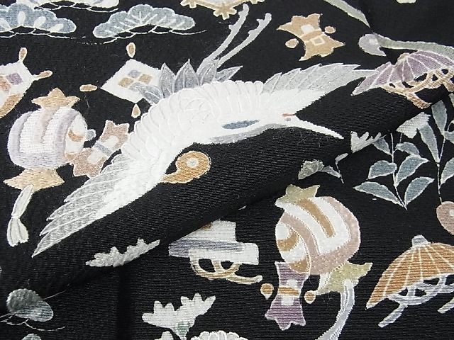 平和屋本店□極上 訪問着 刺繍 宝尽くし 雪輪飛鶴文 黒地 鬼しぼ