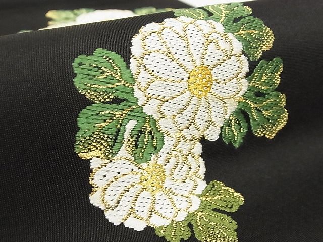 平和屋本店□最高級 龍村平蔵製 丸帯 追粉菊錦 黒地 金糸