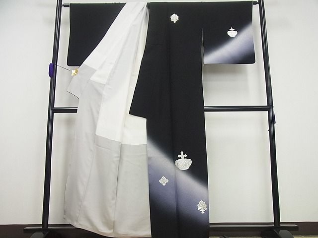 平和屋本店□極上 訪問着 ラインストーン 王冠 金銀彩 暈し染め 黒地