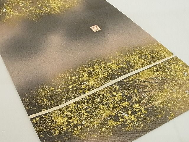 平和屋本店●極上　浦野理一　金彩友禅　九寸開き名古屋帯　枝花文　暈し　金銀彩　鬼しぼ縮緬　正絹　逸品　未使用　4kk10146_8