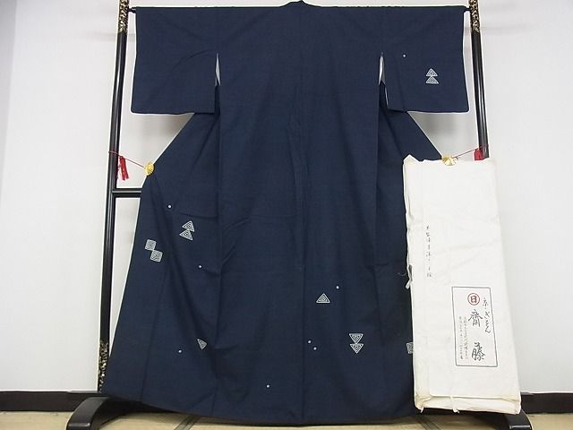 平和屋本店■極上 京都祇園の老舗 ぎをん齋藤 綿薩摩 訪問着 本藍染 駒刺繍 幾何学文様 たとう紙付き 木綿 逸品 KAAA0474kk4