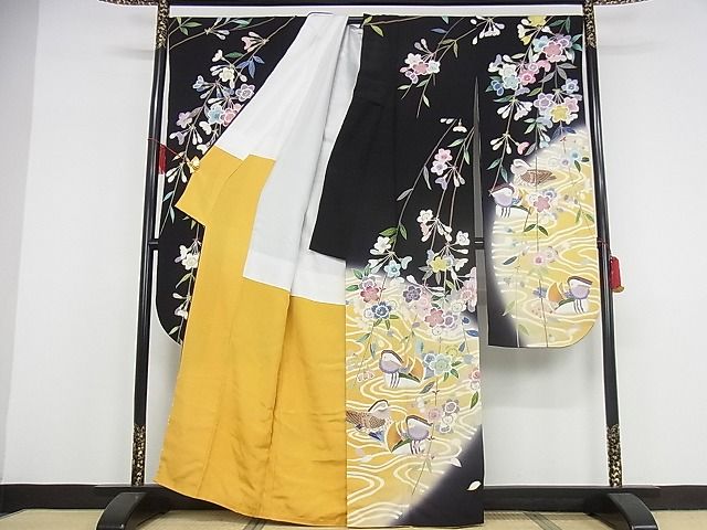平和屋本店□極上 振袖 友禅 作家物 鴛鴦 暈し染め 黒地 正絹 逸品