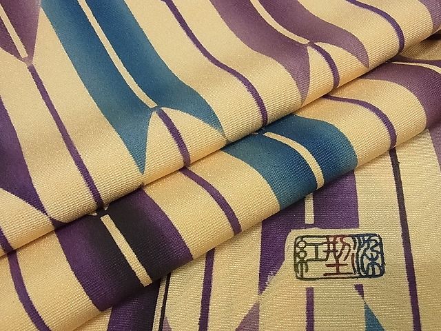 平和屋本店■極上　紅型染　小紋　矢羽根文　浜ちりめん　反端付き　正絹　逸品　KAAA0572kk4