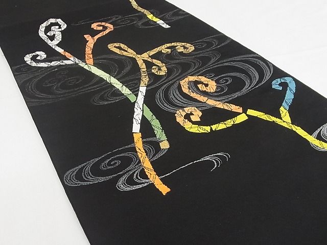 平和屋本店○最高級 龍村平蔵製 六通柄 本袋帯 さわらび 黒地 金銀糸