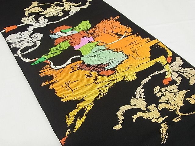 平和屋本店□最高級 龍村平蔵製 六通柄袋帯 狩猟文 黒地