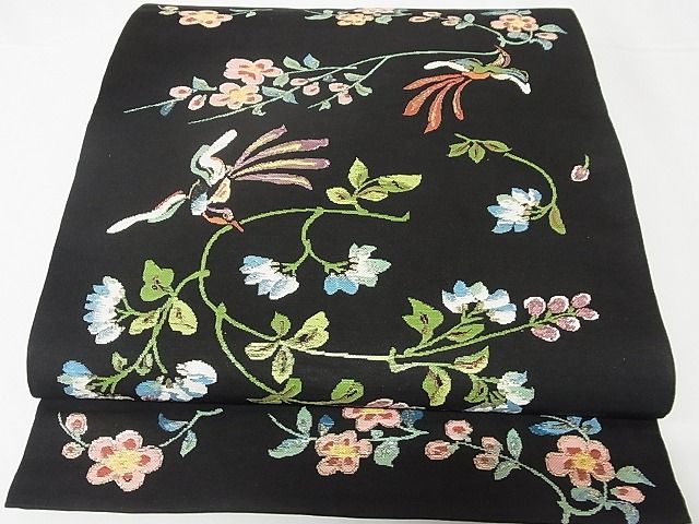 平和屋本店■最高級　龍村平蔵製　六通柄　本袋帯　楯彦花鳥錦　黒地　金銀糸　正絹　逸品　KAAA10389kk4