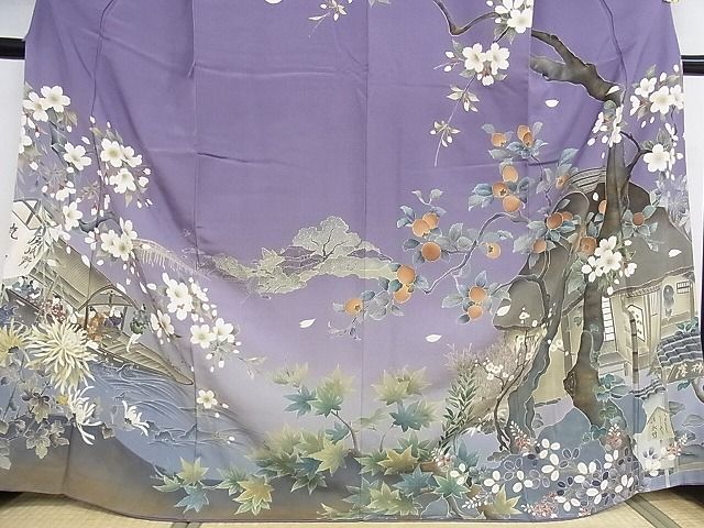 平和屋本店■極上　訪問着　友禅　人物風景文　桜柿　花見　暈し染め　正絹　逸品　KAAA0857kk4 平和屋本店□極上 訪問着 友禅 人物風景文 桜柿 花見 暈し