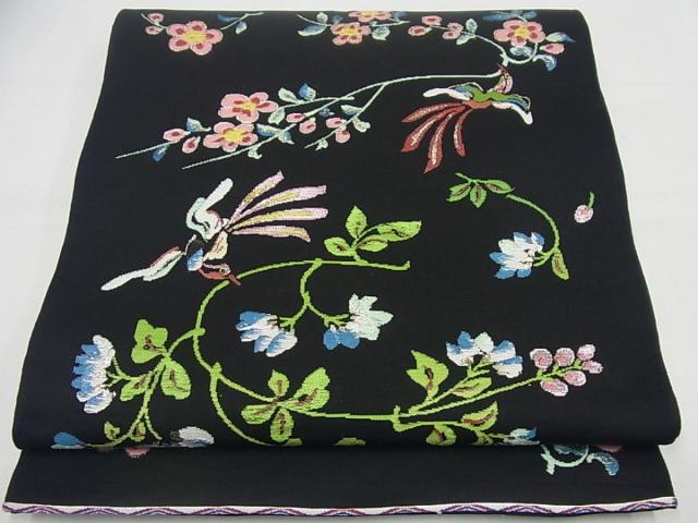 平和屋本店■最高級　龍村平蔵製　本袋帯　彦花鳥錦　黒地　逸品4s751