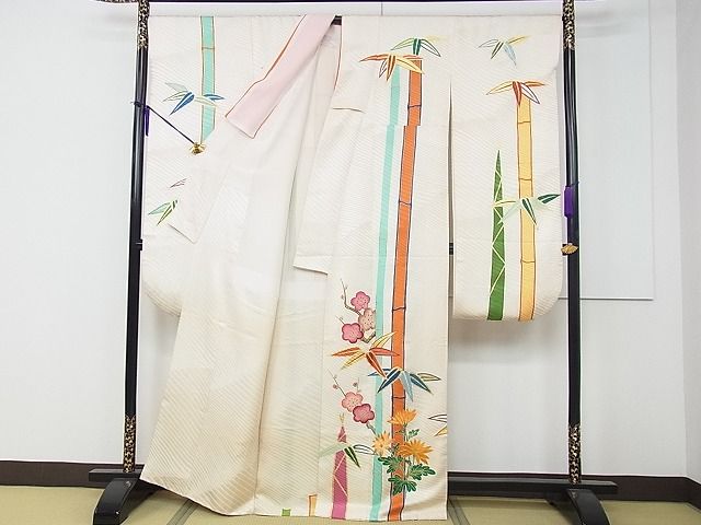 平和屋本店○希少 振袖 染刺工芸 大羊居 東京友禅 駒刺繍 笹竹枝梅草花 