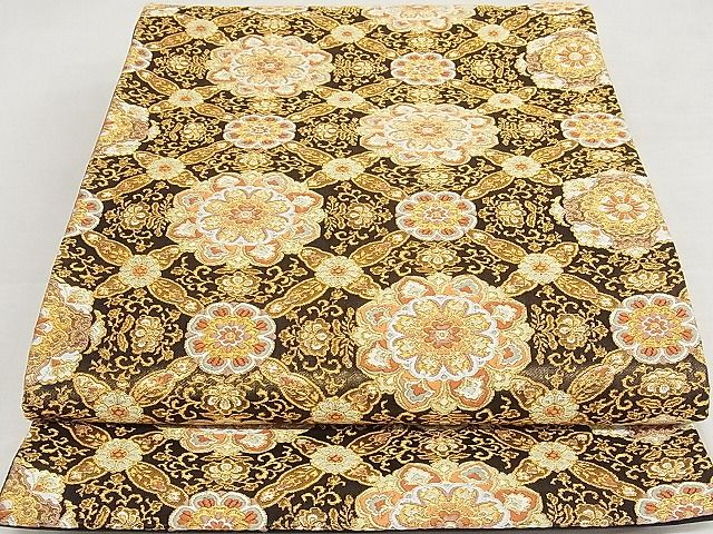 平和屋本店■極上　西陣　河合美術織物謹製　六通柄袋帯　花菱文　黒地　金銀糸　正絹　逸品　未使用　KAAA10535kk4