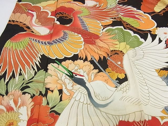 平和屋本店□極上 アンティーク 大正ロマン 振袖 駒刺繍 飛鶴松文 黒地