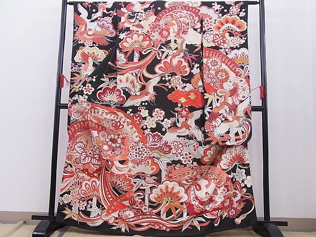 平和屋本店□極上 アンティーク 大正ロマン 振袖 駒刺繍 飛鶴檜扇花