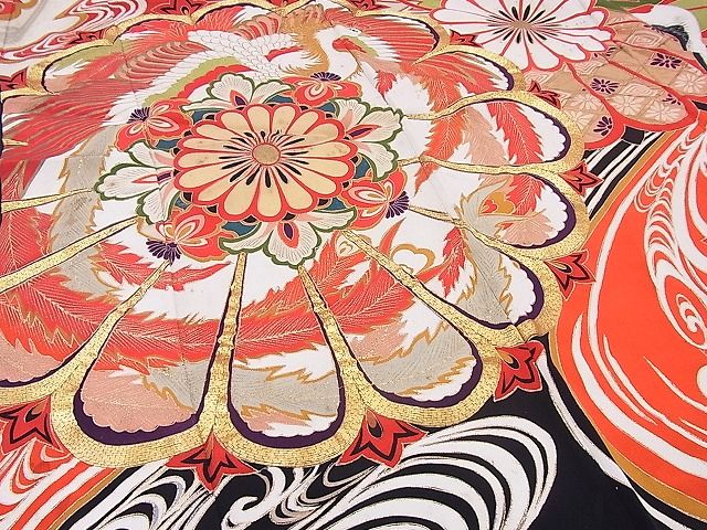 平和屋本店■極上　アンティーク　大正ロマン　振袖　駒刺繍　飛鶴鳳凰菊花文　金彩　逸品　BAAA3180zb4 平和屋本店□極上 アンティーク 大正ロマン 振袖 駒刺繍 飛鶴鳳凰菊花文
