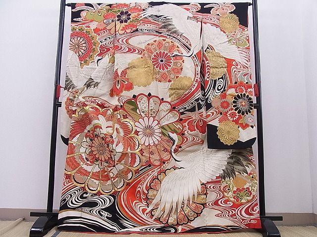 平和屋本店□極上 アンティーク 大正ロマン 振袖 駒刺繍 飛鶴