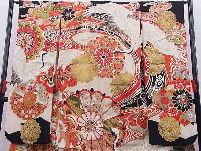 平和屋本店□極上 アンティーク 大正ロマン 振袖 駒刺繍 飛鶴鳳凰菊花文