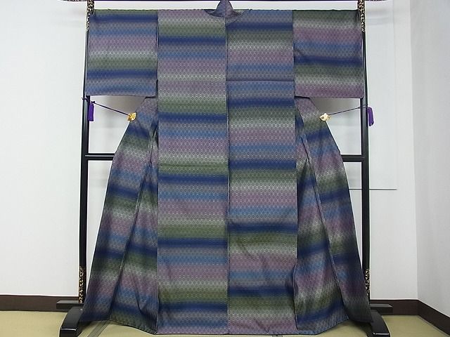 平和屋本店■極上　花織　紬　藍染　横段文　逸品　CZAA0323s4