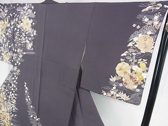 平和屋本店□極上 訪問着 駒刺繍 御所車立波花文 金彩 羊羹色